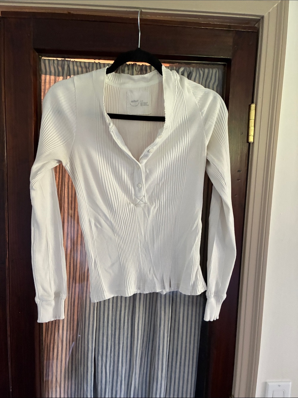aerie White Ribbed Henley Long-Sleeve Top